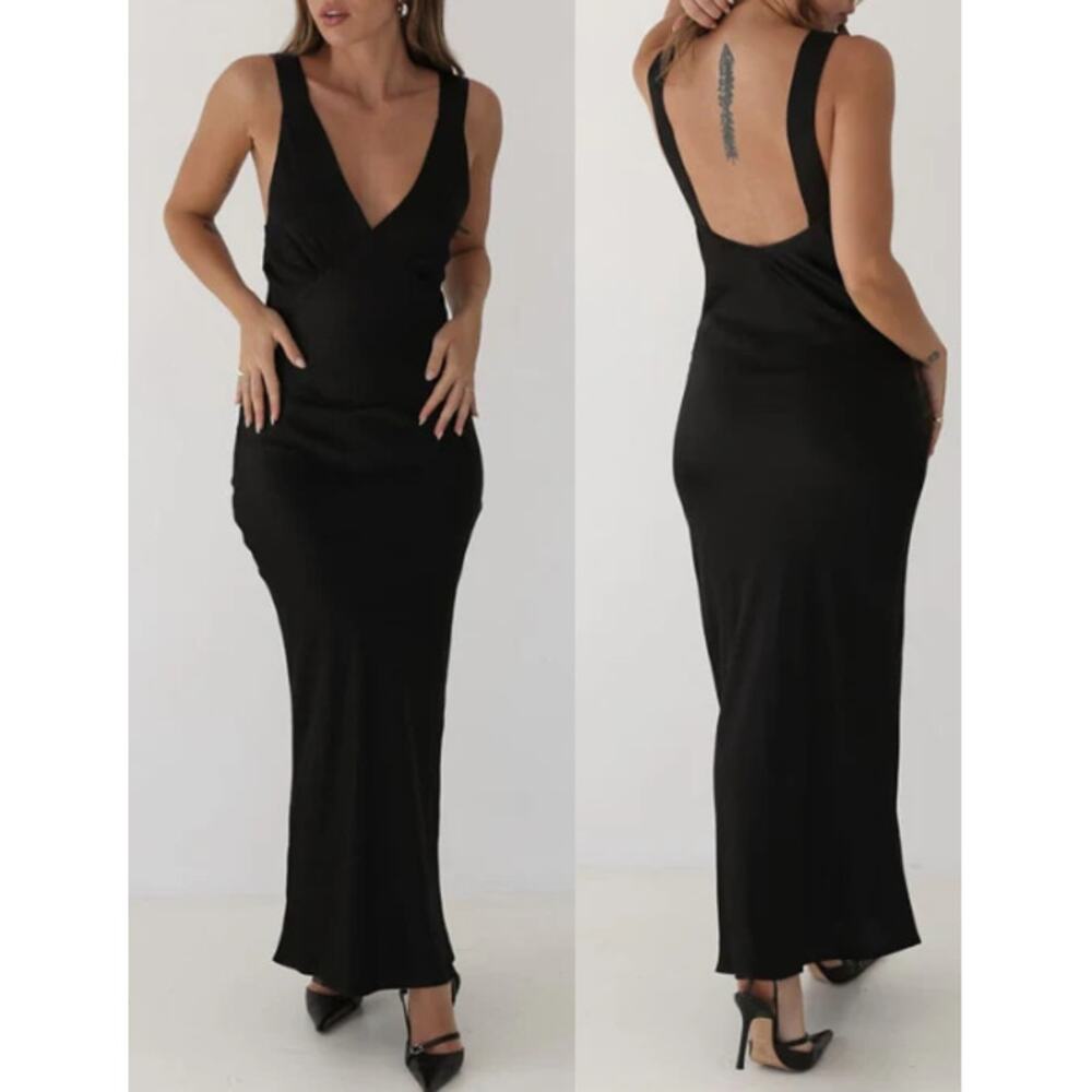 Rumored Sunset Plunging V-Neck Open Back Strip Maxi Dress Black Women's Size S
